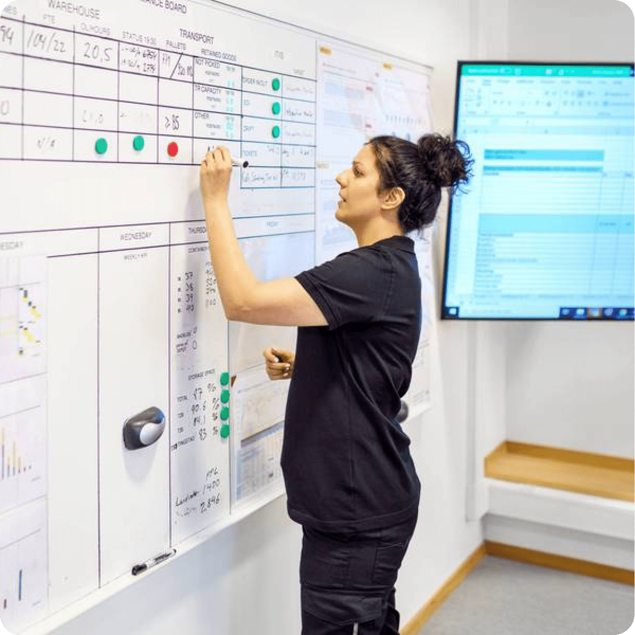 Arbetare som skriver på whiteboard